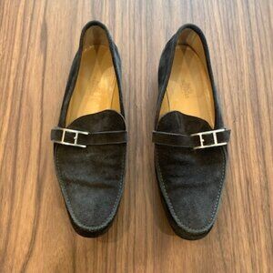 Hermes Black Suede Men's Loafers with Silver Buckle